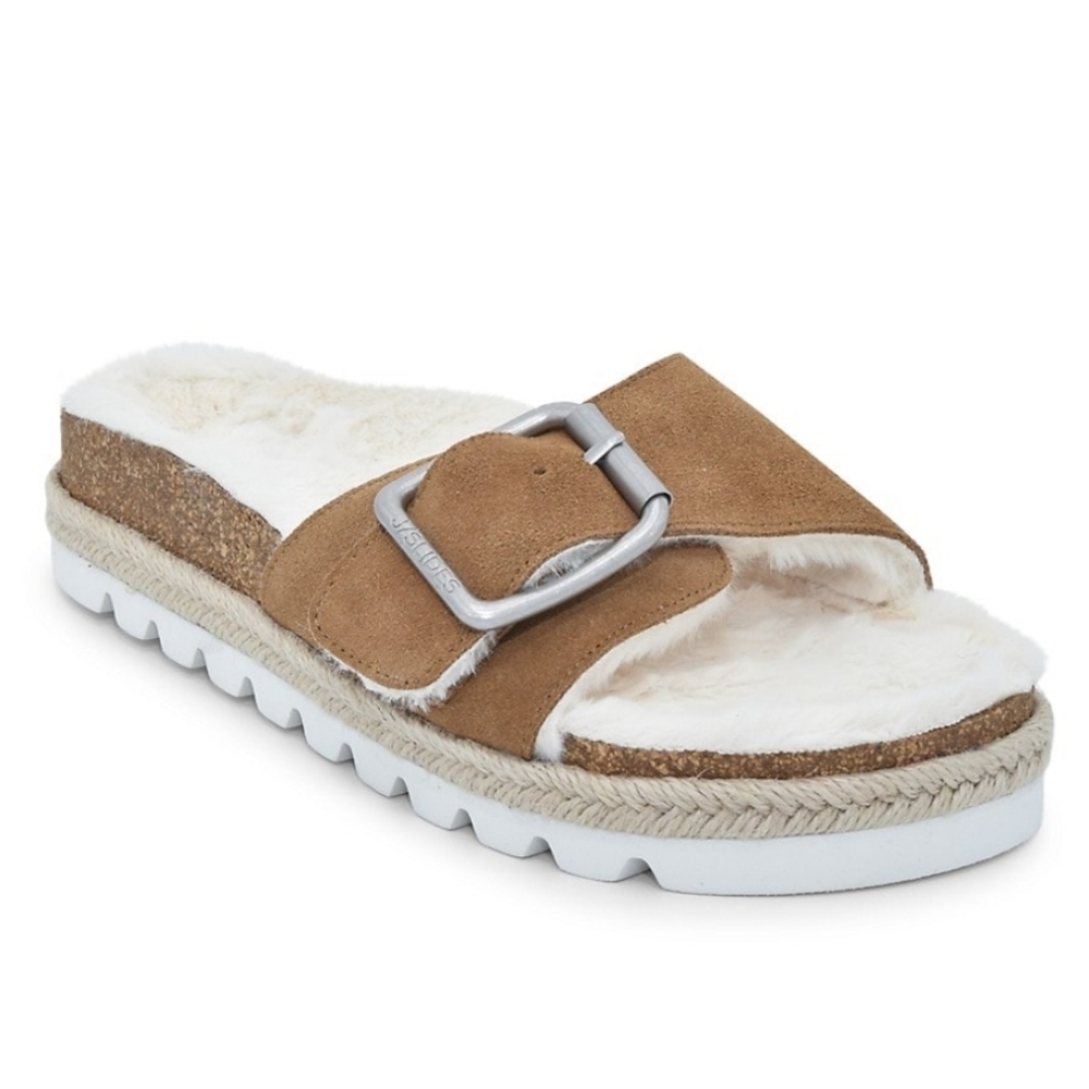 J/Slides Linda Faux Fur-Lined Suede Espadrille Slides in Tan